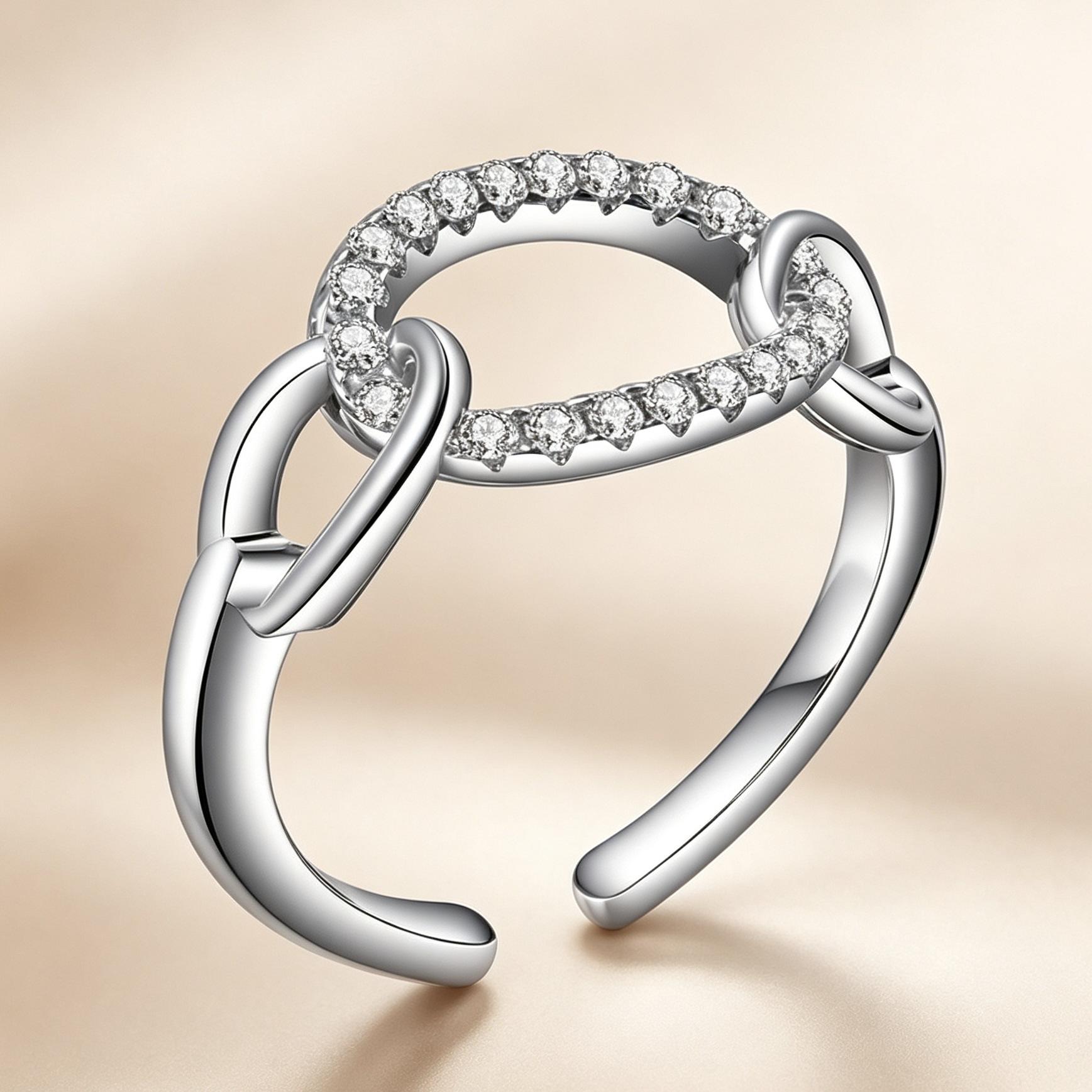 Women's Silver-Plated Copper Open Ring - Interlocking Chain Link, Adjustable, Pave Cubic Zirconia Band with Metal Coating for Daily Wear & Valentine’s Gifting (Indoor Recreation Accessory)
