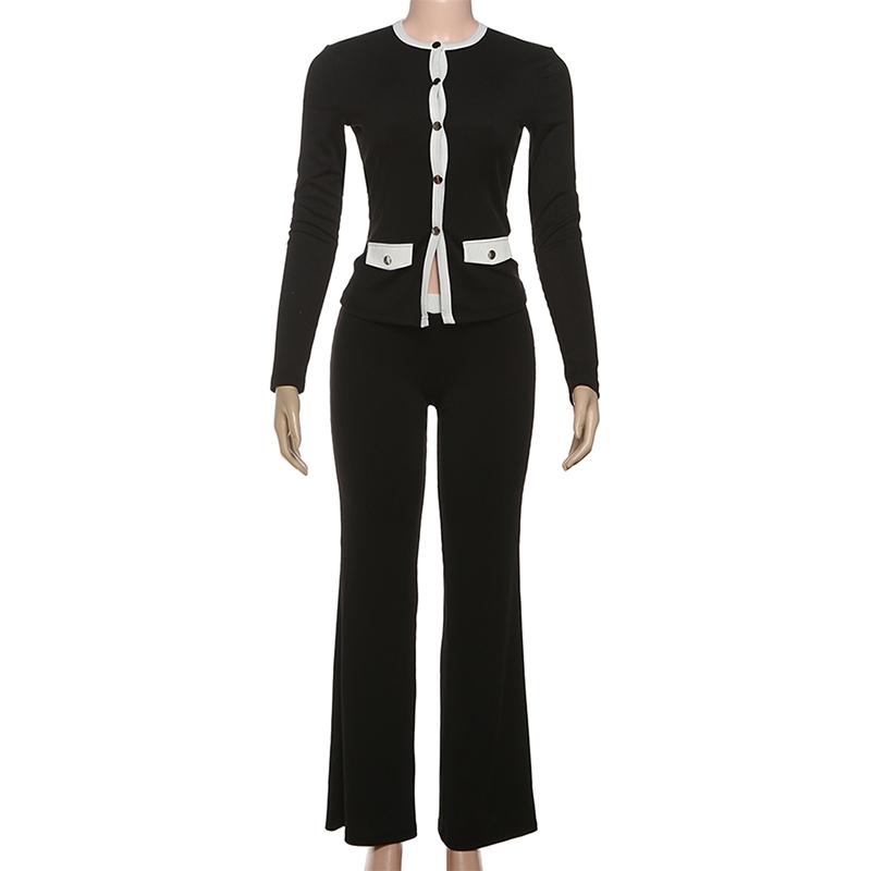 DOUCIU Autumn French Intellectual Elegance Commuting Casual Versatile Simple Women's Thin Contrast Color Button Cardigan Long-Sleeved Top & Trousers Two-Piece Set, Lady, Pants Suit