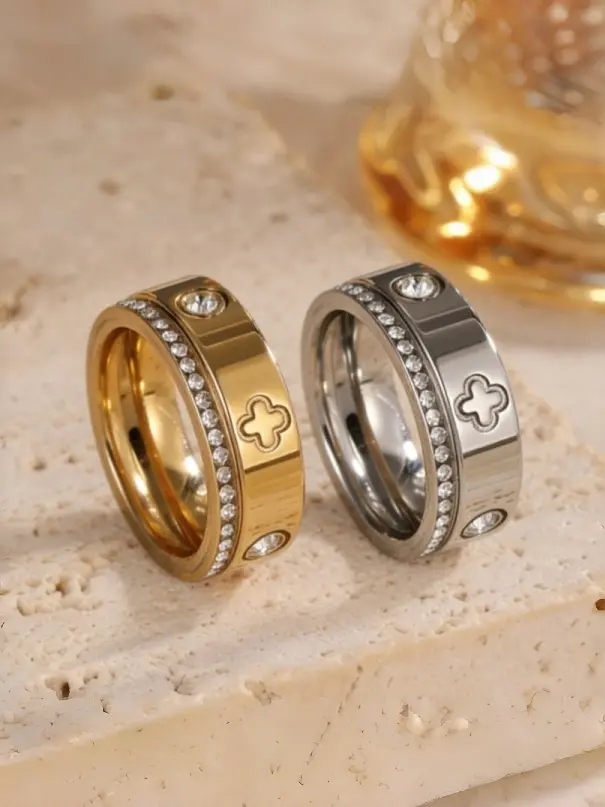 2pcs Stainless Steel 18K Gold Plated Four-Leaf Clover Rings, Couple's rings Elegant Hoop Jewelry For Women, Elegant Fashion Rings, Suitable For Daily Wear And Gift
