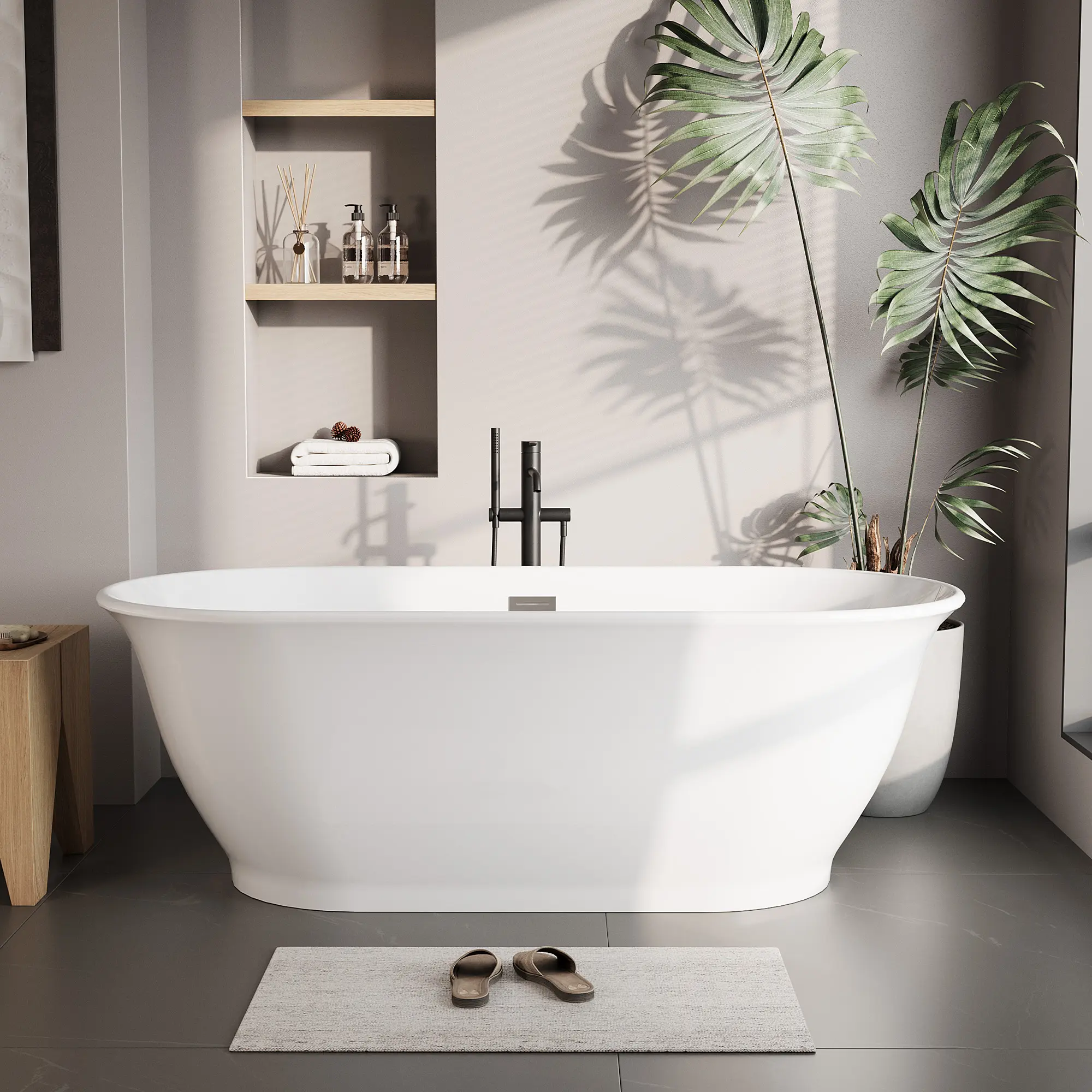 Modern Acrylic Freestanding Bathtub – Deep Soaking Oval Tub with Chrome Drain & Overflow – White Interior, Black Exterior – cUPC Certified – 59/67 Inch Options – Contemporary Bathroom Spa Bath