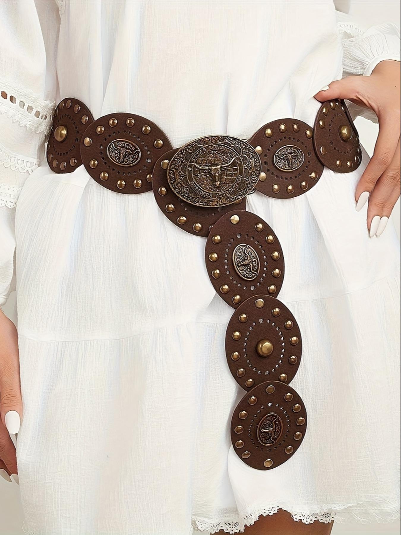 Women's Western Cowboy Style Wide Belt, PU Leather Patchwork, Antique Copper Rivets, Bohemian Carved Bull Head Buckle, Cowboy Cowgirl Belt