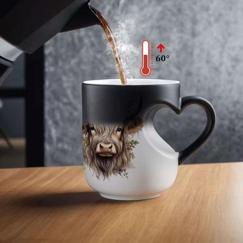 1pc Scottish Highland Cow Magical Mug with Heart-Shaped Handle & Scottish Cow Design - Funny Coffee Mug, Ceramic Tea/ Cup, Hand Wash Only, Reusable Gift for &, Birthdays, Cartoon Themed Gifts 11oz