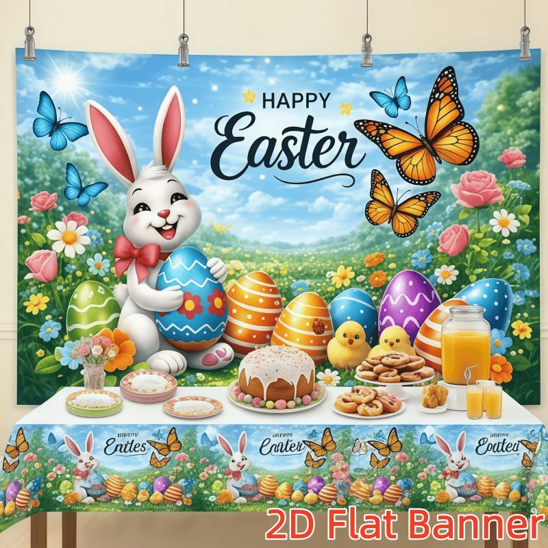 1PC,2D Flat Customize Backdrop Easter Decoration Backdrop, Festival Party Photography Background, Cute Rabbit Easter Egg Butterfly Themed Backdrop, Photo Background for Kids' Activities, Background Cl
