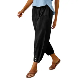 Casual Lantern Tapered Harem Pants Loose Fit Style Flax Ankle Trousers Summer Baggy Slacks with Pocket