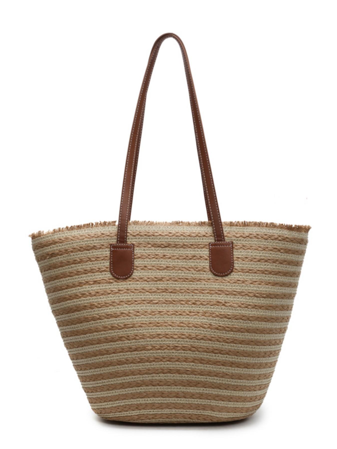 2026 New Casual Simple Large Capacity Bag, Beach Vacation Straw Basket Bag, Striped Shoulder Tote Bag, Elegant Style