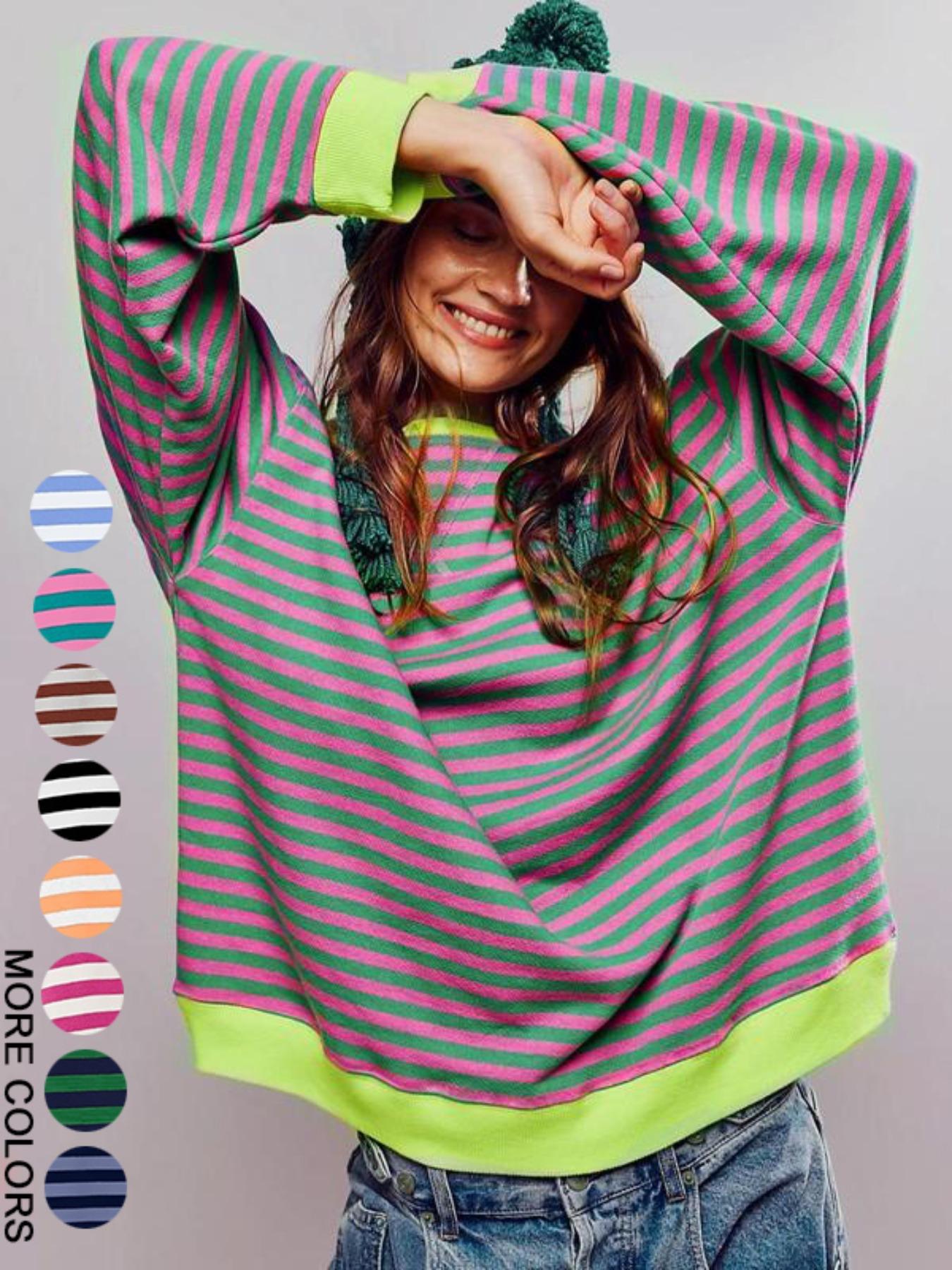 Women's Loose-Fit Casual Colorblock Striped Long Sleeve Pullover Hoodie, Fashionable All-Season Wear, Stylish Daily, Womenswear