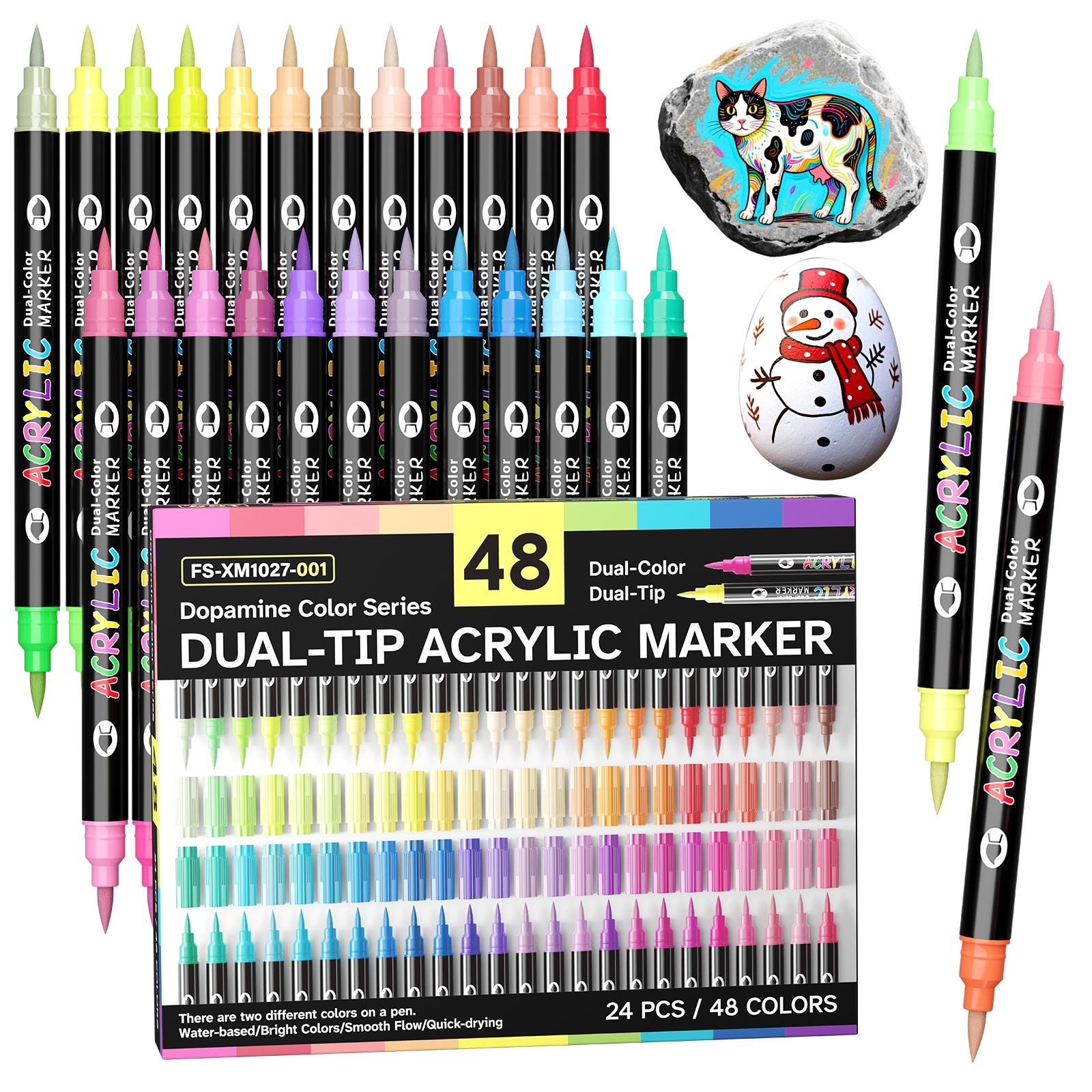 24/48/72/144/240 Colors Acrylic Paint Markers, Dual tips Dual Color Acrylic Paint Pens for Rock Painting, Canvas, Wood, Glass, Ceramic, Fabric, Plastic, Egg & Scrapbook. Soft Brush Tips Paint Pens and Paint Markers Art Materials