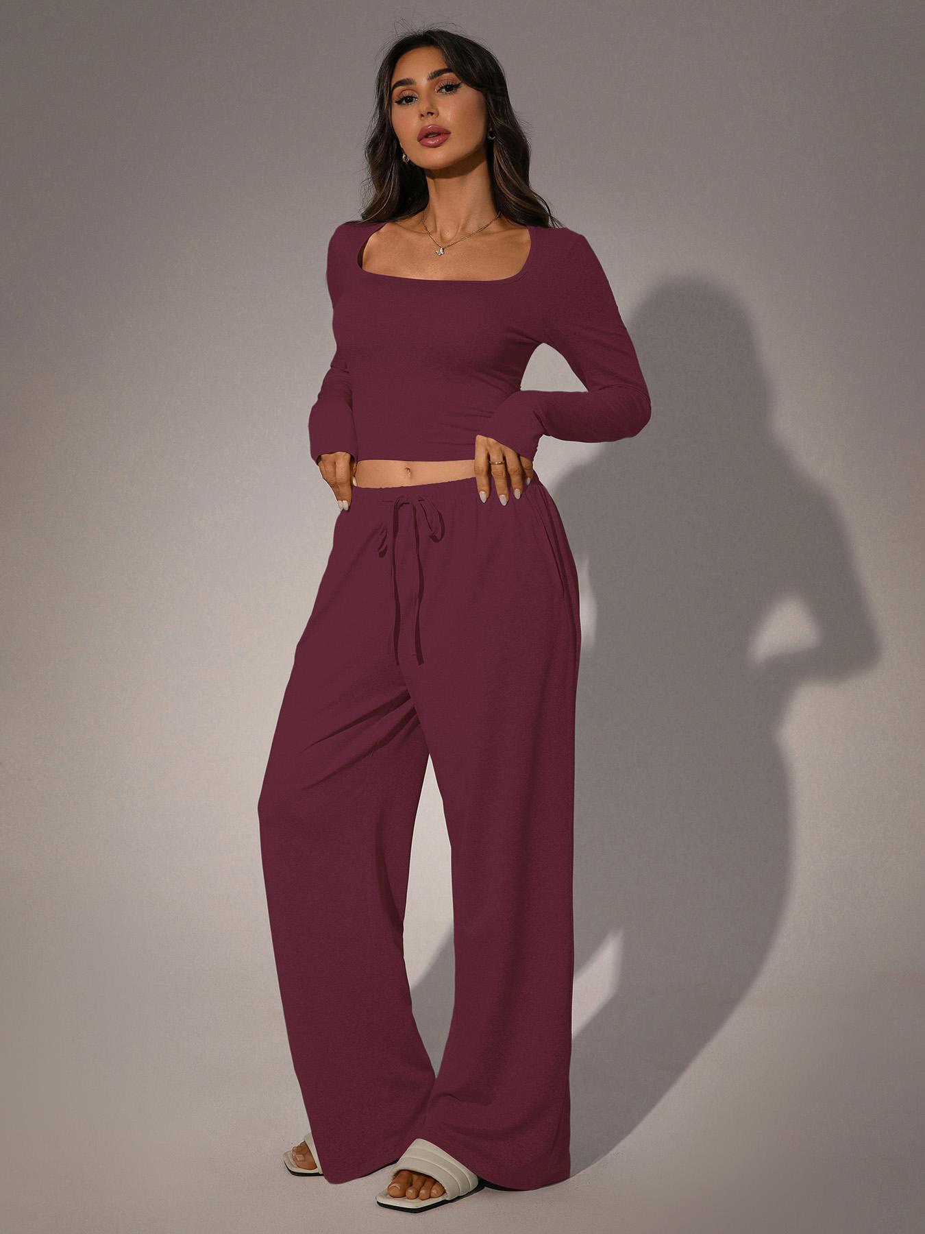 Women's Long Sleeve Square Neck Loungewear Set, Casual Loose Fit Home Wear, All Seasons Soft Comfortable Fabric, 2026 New Arrival