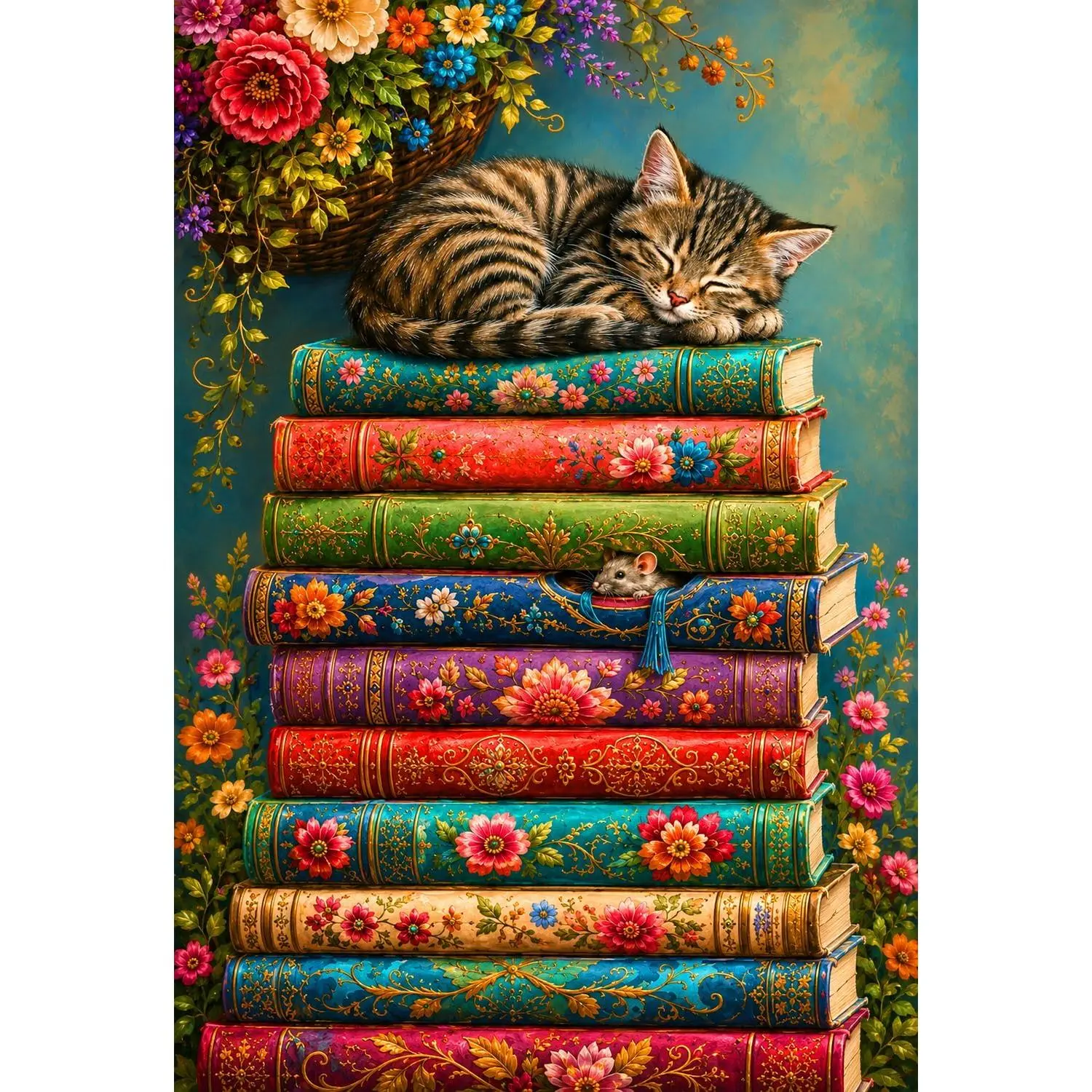 Jigsaw Puzzles for Adults 1000 Pieces – Sleeping Kitten and Little Mouse on Stacked Vintage Books Puzzle, Relaxing Family Activity, Home Decor Wall Art, Gift for Puzzle Lovers
