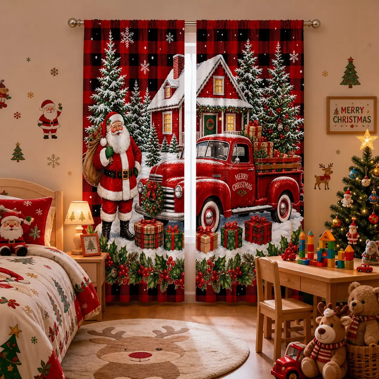 2pcs high-definition red herringbone retro truck Santa Claus printed decorative curtains, suitable for bedroom and living room Christmas home decoration curtains