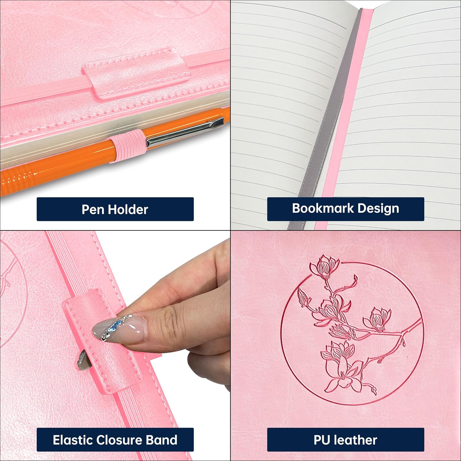 Notebook Journal for Women Men,256 Pages A5 Hardcover Leather Journaling Notebooks for Work,lined journal/notebook with 100Gsm Paper,Pen Holder and inner pocket 5.8"×8.4"()