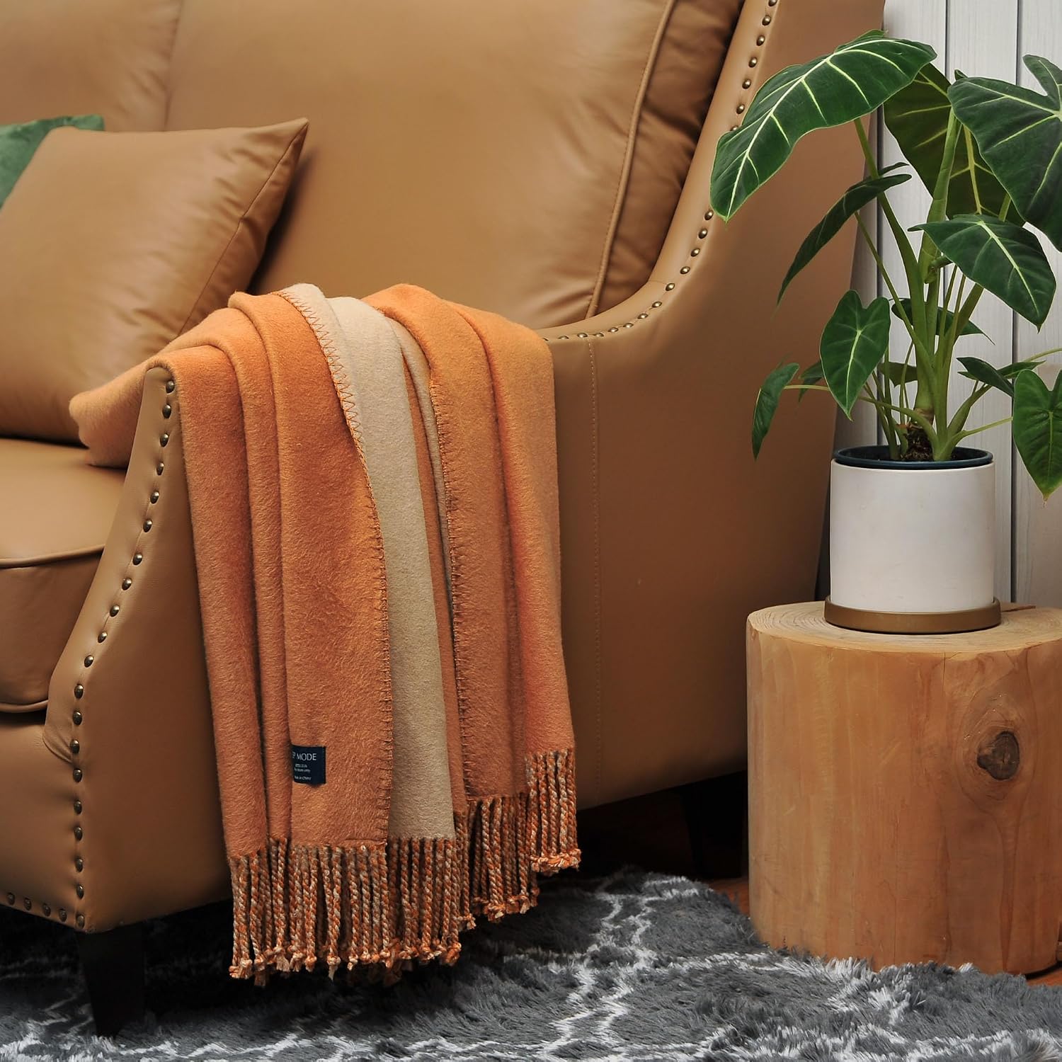 Reversible Fringed Mulberry Silk Throw Blanket for Sofa (Caramel/Beige)