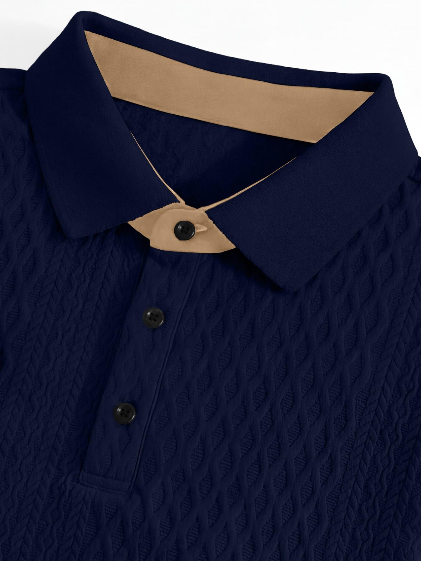 Men's Colorblock Polo Shirt with Textured Pattern, Button Short Sleeve, Geometric and Letter Print, Casual Daily Wear