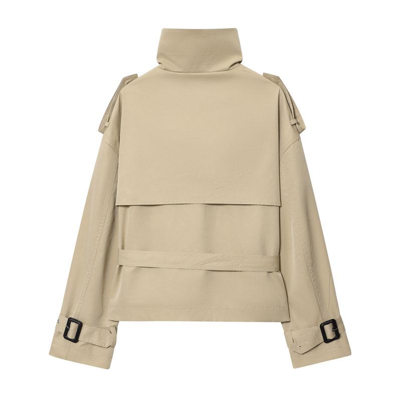 Women's Windbreaker Beige Cropped Trench Coat Double Breasted Jacket with Belted Waist Shoulder Casual Women's Layered Outerwear Female Coat Winter ﻿