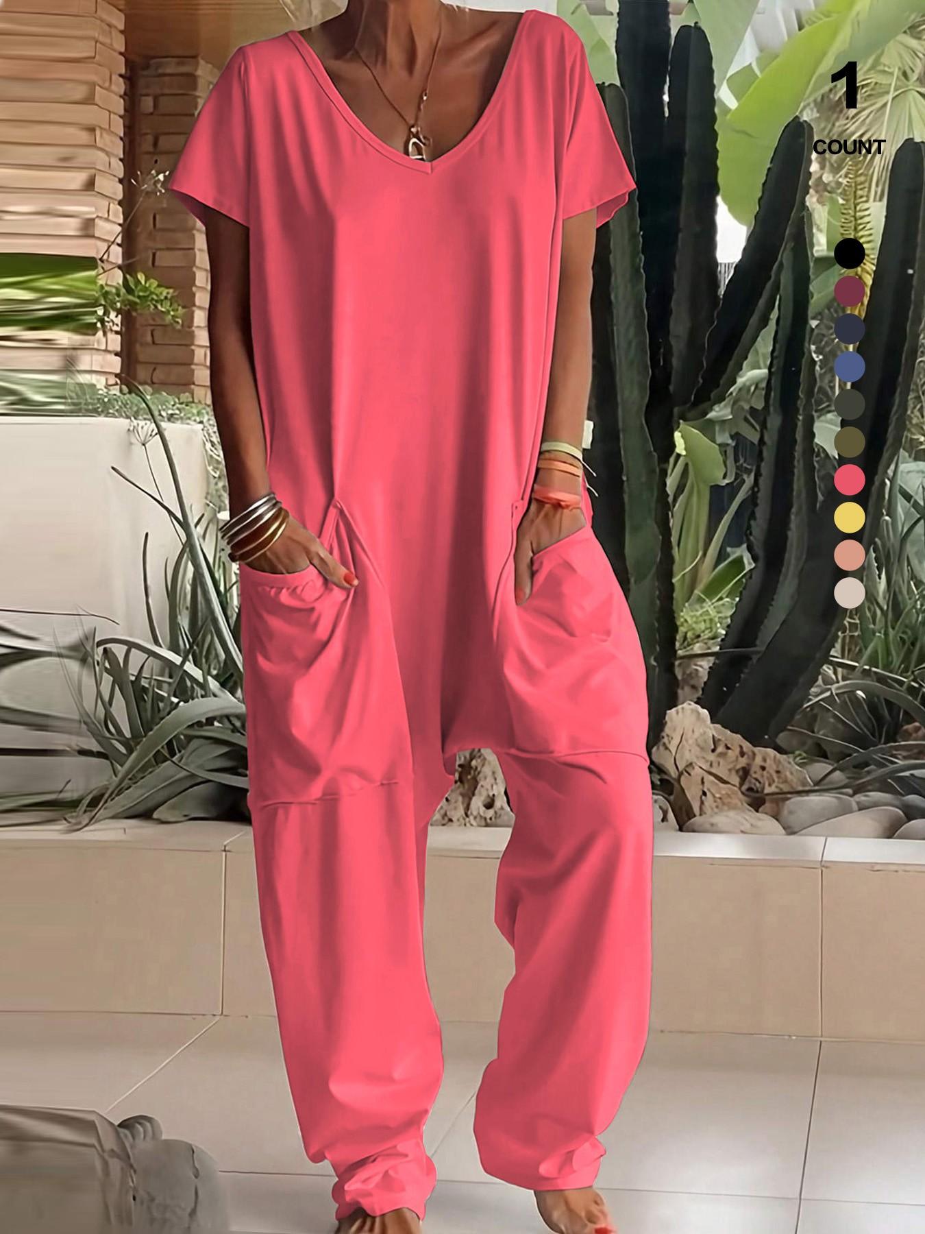 1/2/3 pcs Oversized Women's Harem Jumpsuit, Bohemian Style One-Piece Romper with Side Pockets, Casual Fashion for All-season 2026