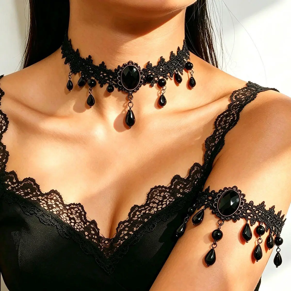 Gothic Lace Rose Flower Necklace For Women Sexy Clavicle Chain Tassel Pendant Vintage Hollowed Out Lace Clavicle Chain Black Collar Choker Ornament Wedding Halloween Party Cosplay Jewelry Accessories