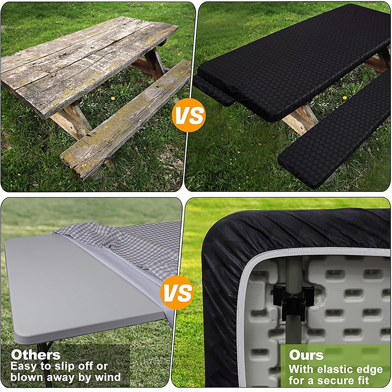 3pc Party Camping Yard Tablecloth Set, Beach RV Vacation Scene, Elastic Stretch Cover, Windproof Rectangular Tablecloth, Outdoor Picnic BBQ