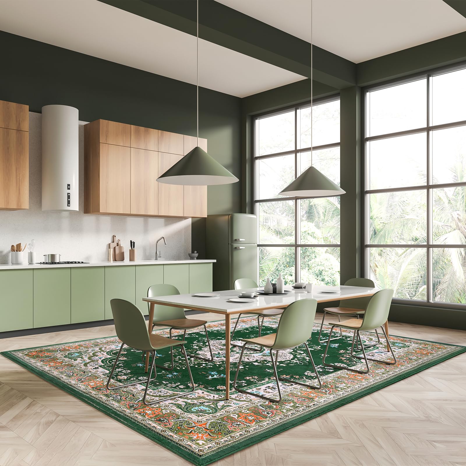 Washable Vintage Area Rug Non-Slip Low Pile Large Rug For Living Room, Bedroom, Farmhouse, Dining Room, Black, Grey, Blue, Green, Beige, 5x8, 7x10, 9x11 Feet