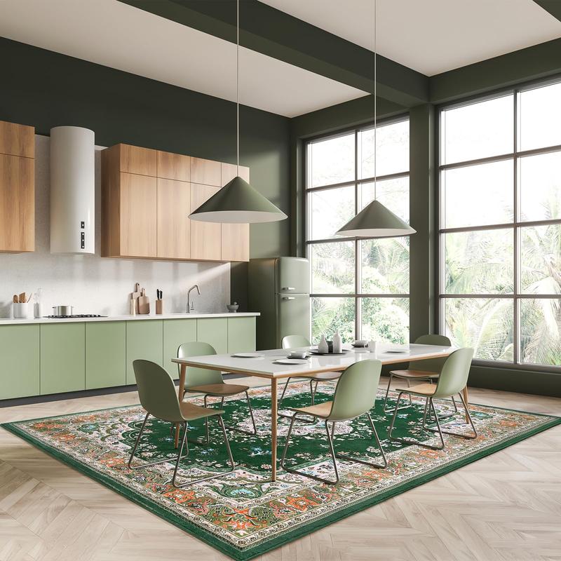 Washable Vintage Area Rug Non-Slip Low Pile Large Rug For Living Room, Bedroom, Farmhouse, Dining Room, Black, Grey, Blue, Green, Beige, 5x8, 7x10, 9x11 Feet