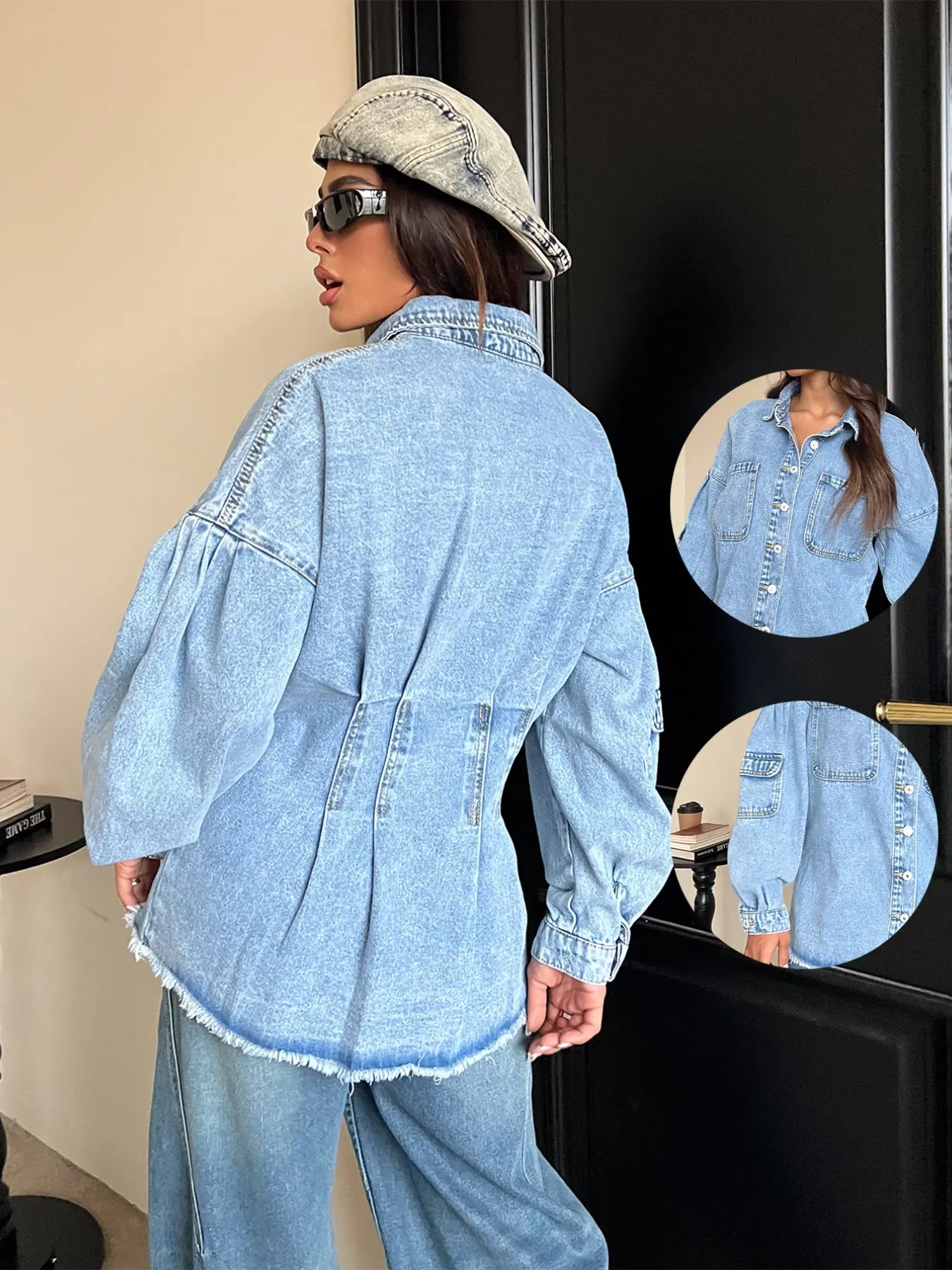 Women's Waist-Cropped Denim Jacket, Frayed Hem and Pocket Design, Casual Loose Fit Outerwear, Perfect for Street Style and Daily Wear