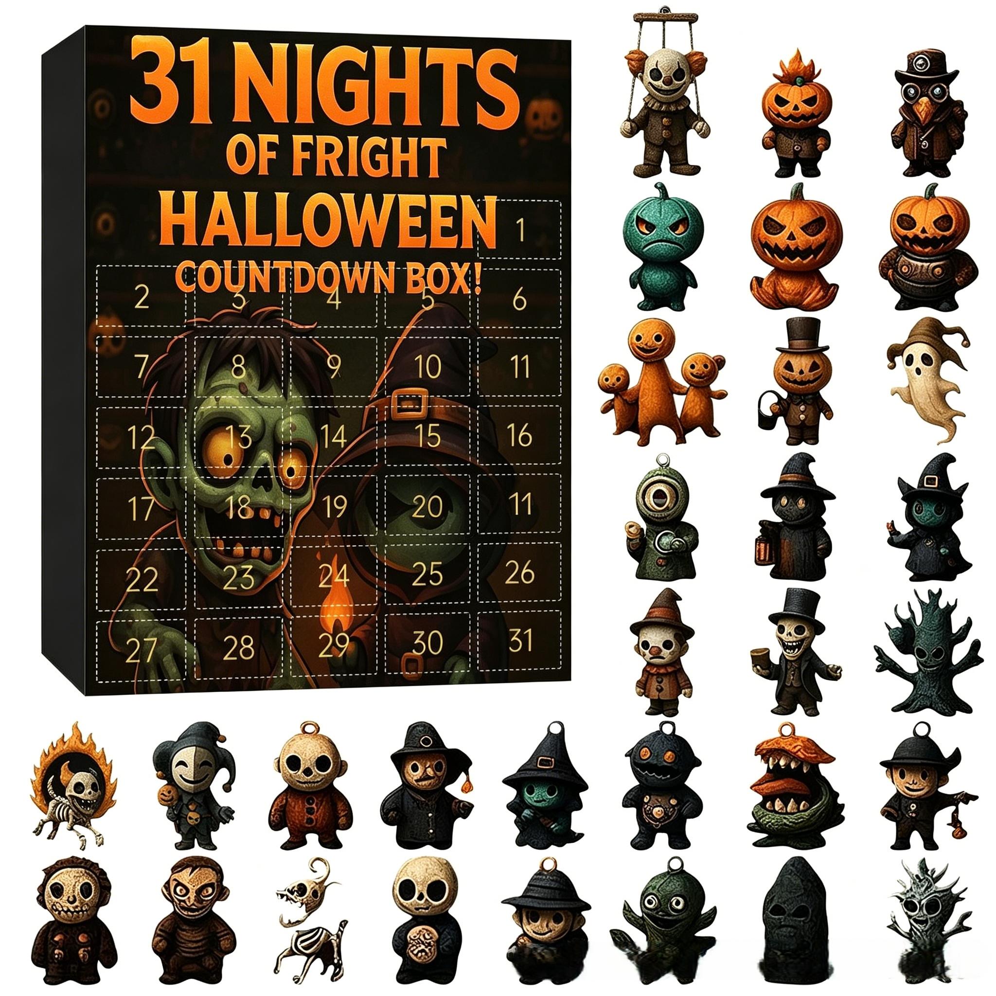 Halloween 31 Night Countdown Calendar Gift Box, 31 Collectible Horror Dolls, Daily Door Decor for Parties, Plastic Material, Spooky Holiday Decoration