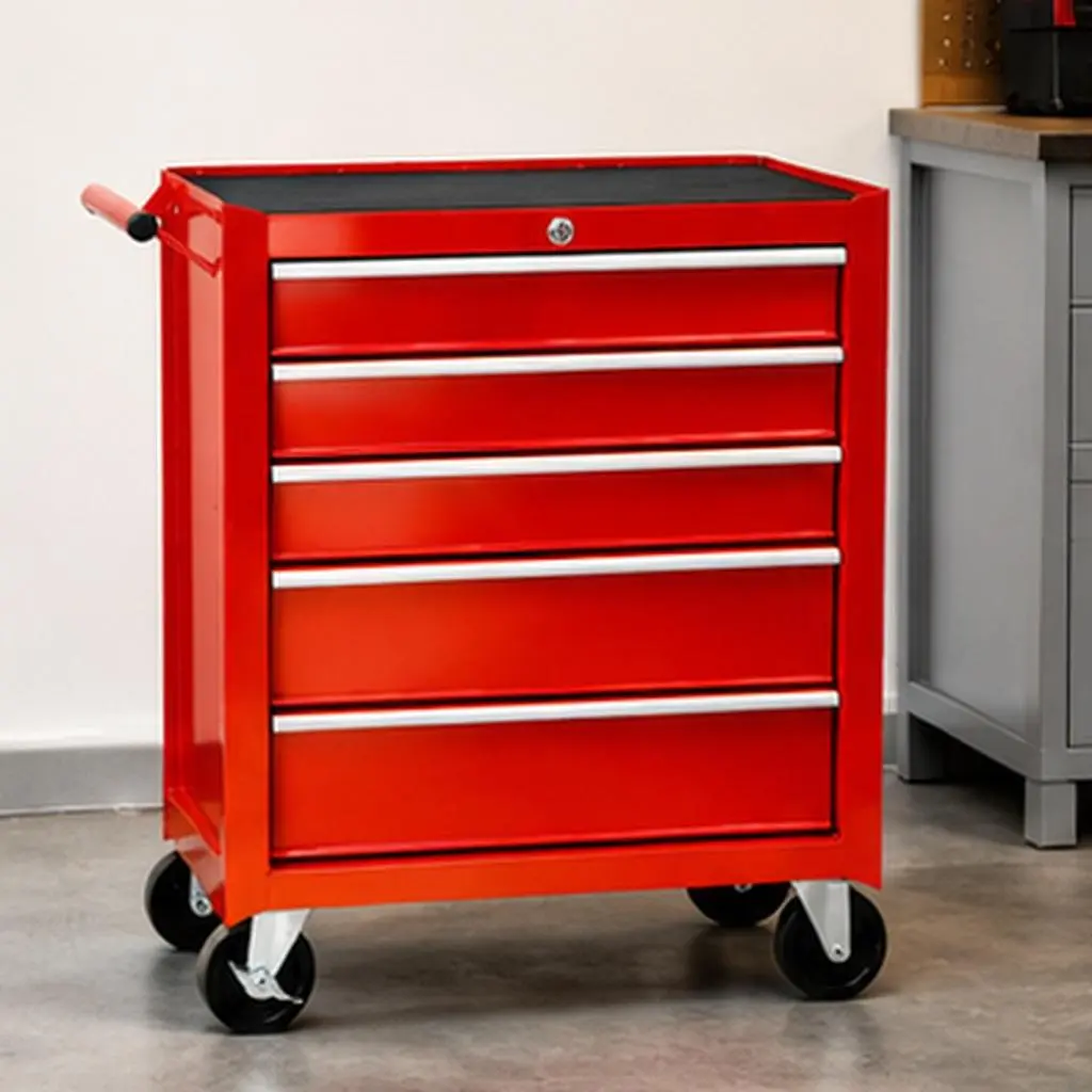 5-Drawer Rolling Tool Chest with Lock and Key, Steel Storage Cabinet on Swivel Casters with Top Cushion and Drawer Liners for Garage, Workshop and Repair Shop, Red