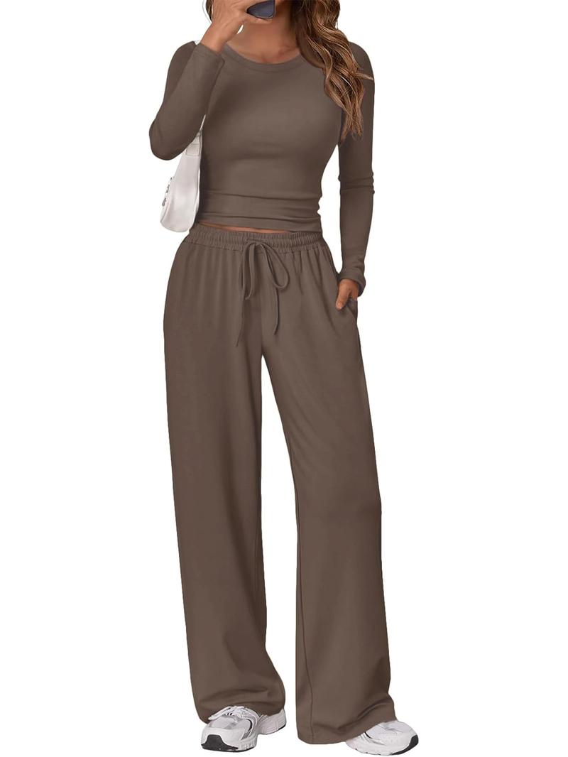 Women's 2 Piece Matching Lounge Set Long Sleeve Slightly Crop Top Wide Leg Pants Casual Sweatsuit 2026