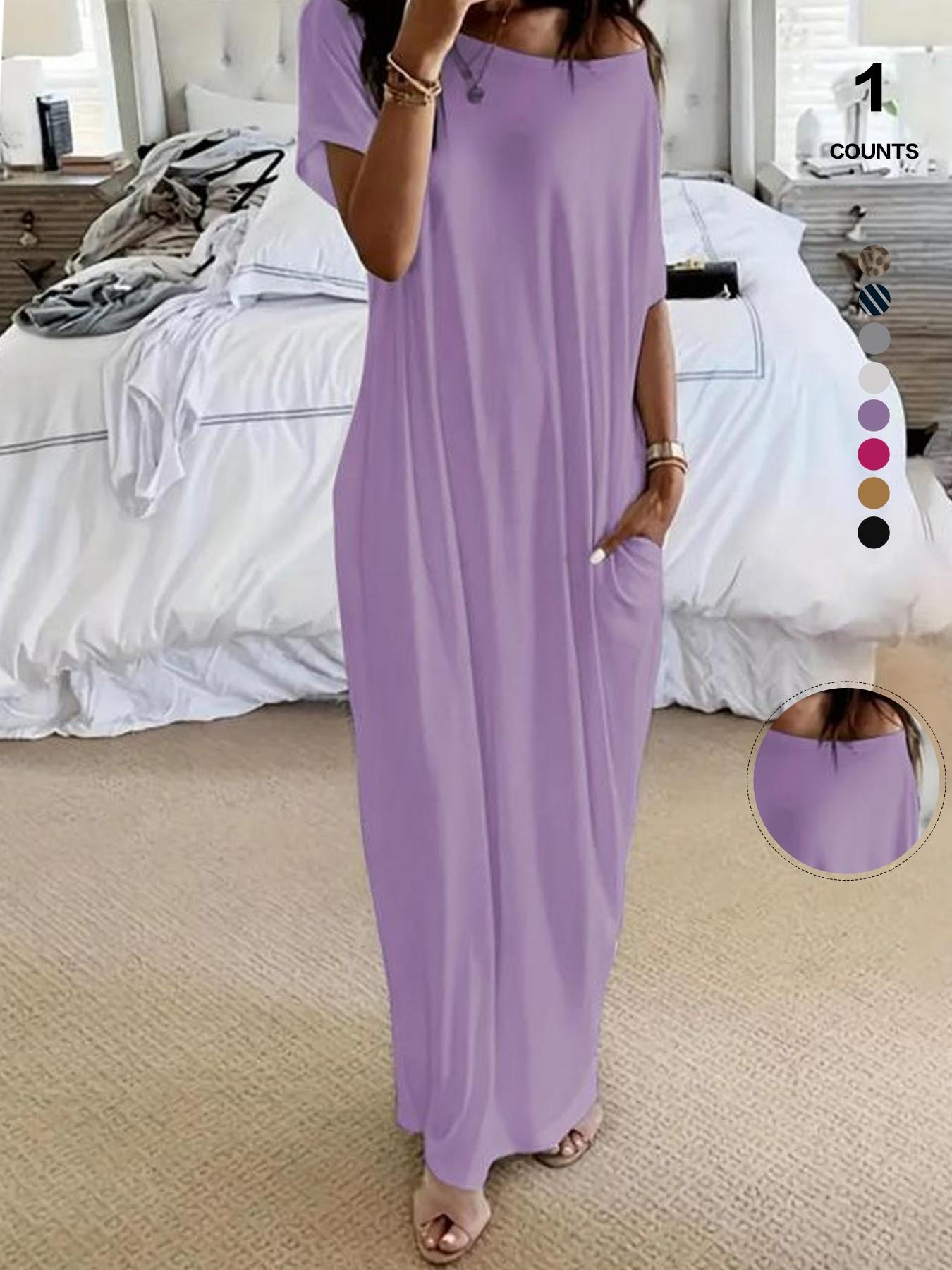 Women's Solid Color Batwing Sleeve Lounge Dress, Casual Comfy Short Sleeve Nightdress, Ladies Sleepwear for All Seasons