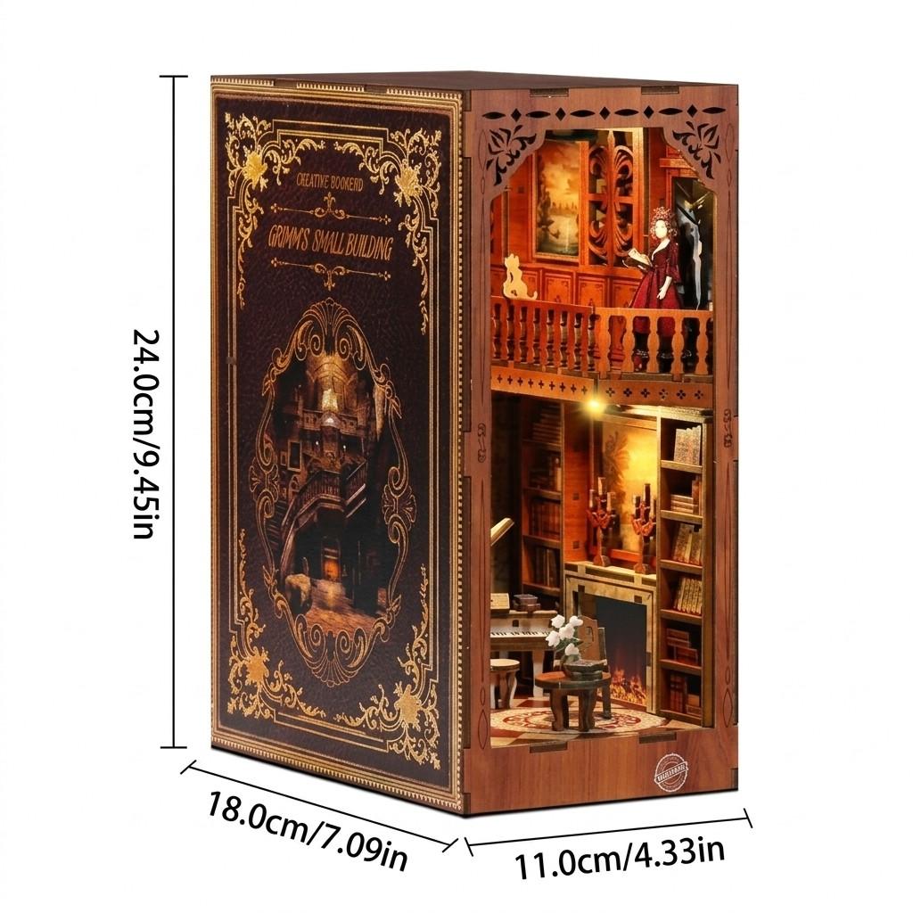 Grimm's Library DIY Book Nook Kit - 3D Wooden Miniature Bookshelf Insert, Vintage Cabin Diorama Bookend, Home Decor Ornament