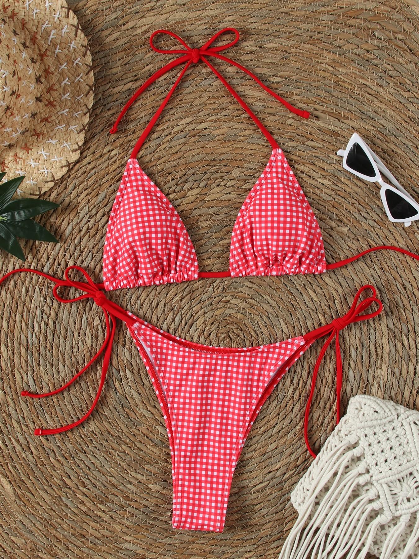 Women's Plaid Halter Cute Sexy Bikini Swimsuit Set, Summer Clothing, Fitted Lace Up Design, Tie Side Bottoms, All Seasons