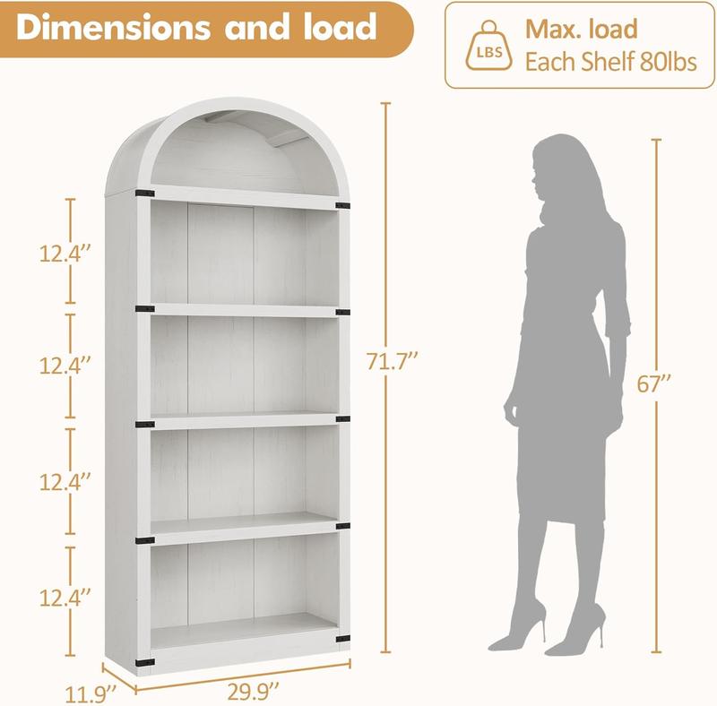 5-Tier Bookshelf, 182cm Arched Display Racks Large Wood Book Shelf, Modern Freestanding Open Bookcase for Bedroom, Living Room, Home Office 76x30x182cm - Black