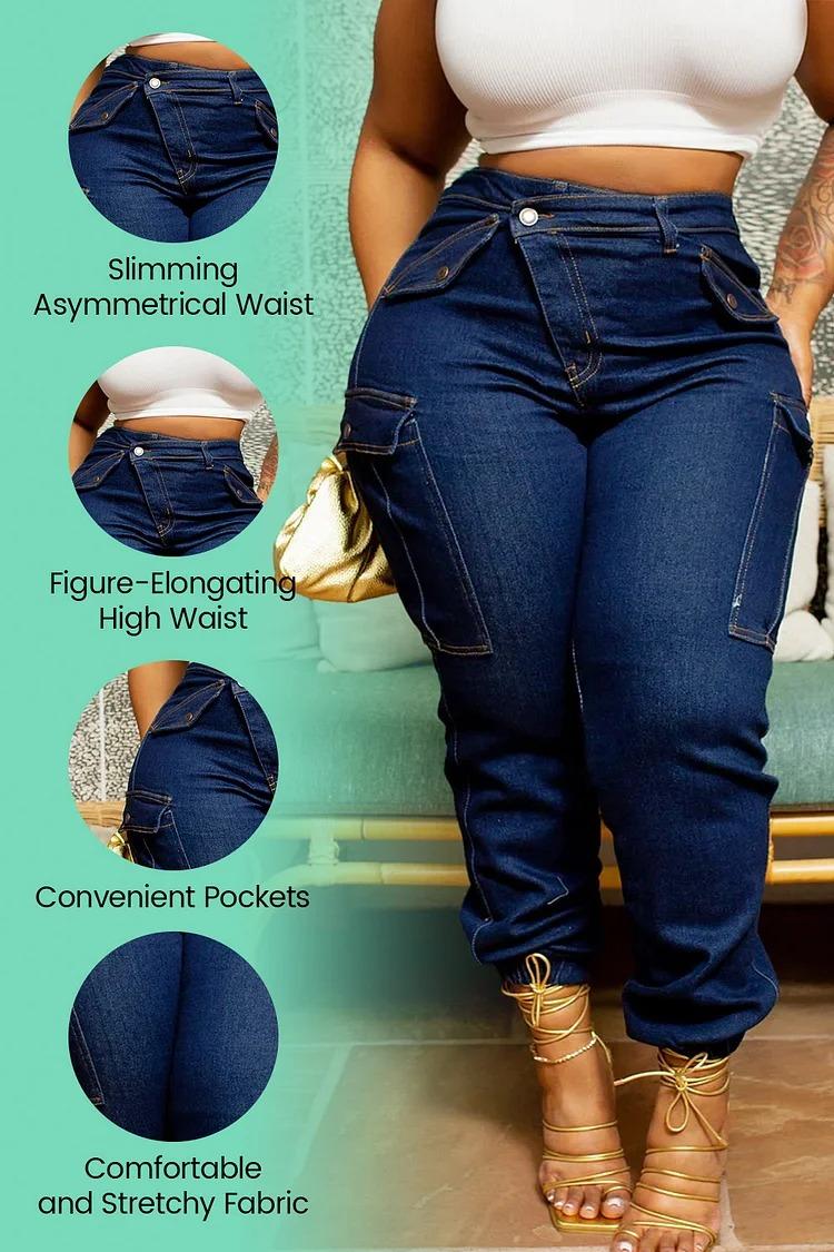 Xpluswear Plus Size High Waisted Asymmetric Denim Jeans with Pockets, Fashionable Below the Ankle Denim for Women, Spring Summer Autumn Winter Wear
