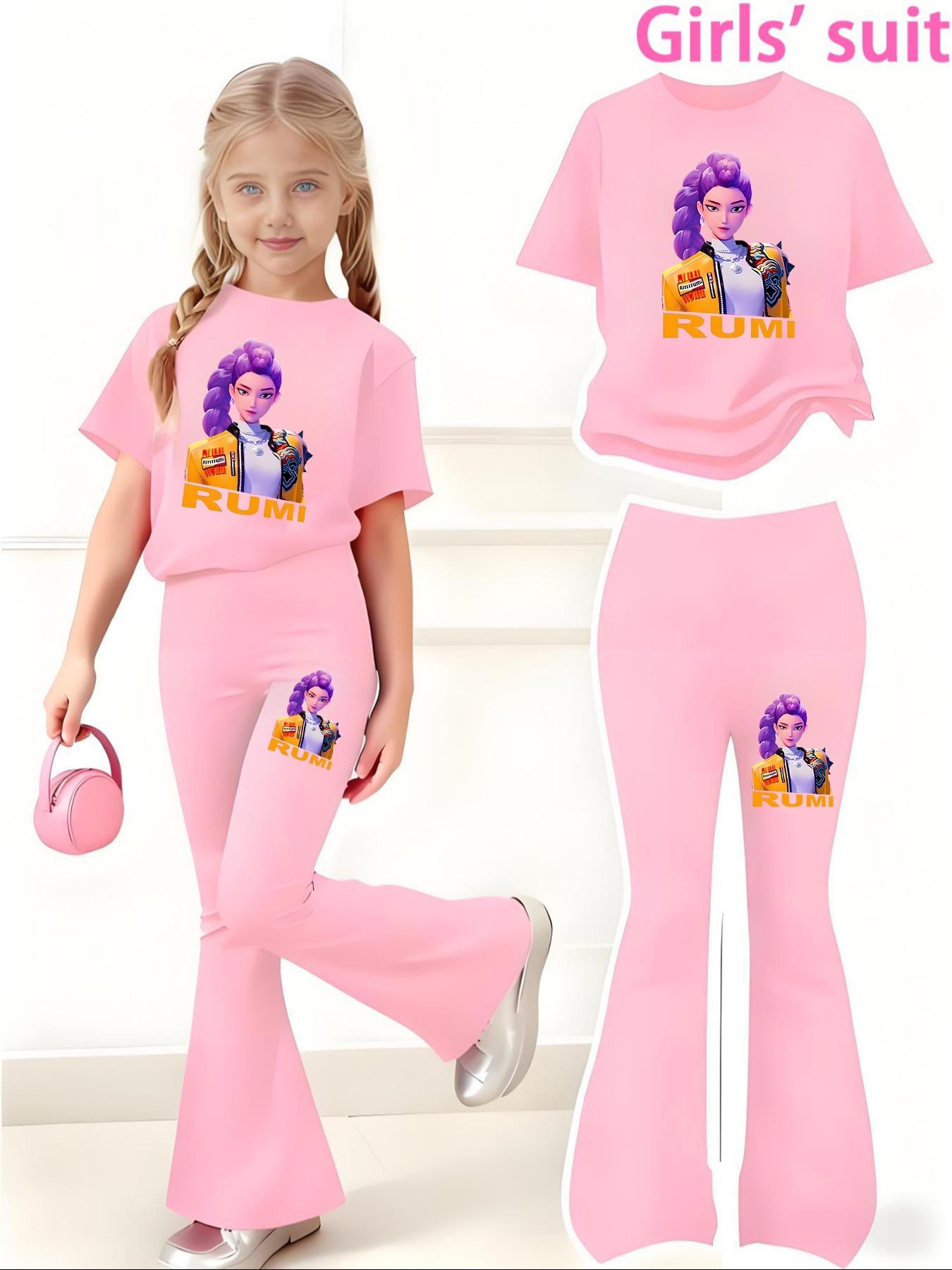 Girls' Kpop Print 2-Piece Set, Casual Sporty Short Sleeve Top & Bell Bottom Pants, Comfortable Elastic Waist, Spring Summer, Girl Clothes School