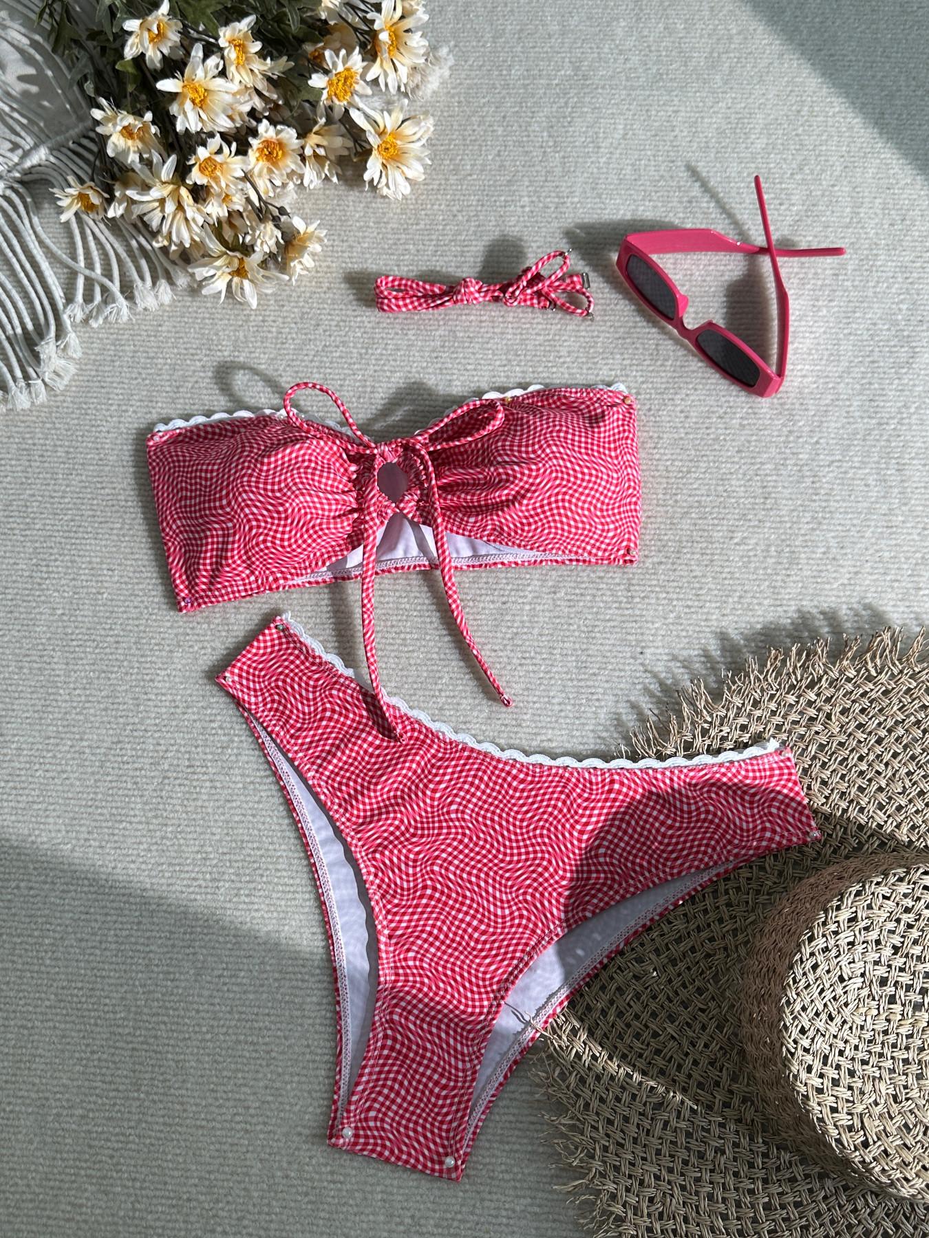 2026 New Retro Red Gingham Bandeau Bikini, Lace Trim Tie Front Convertible Strap Two Piece Swimsuit, High Cut Summer Beach Vacation Swimwear