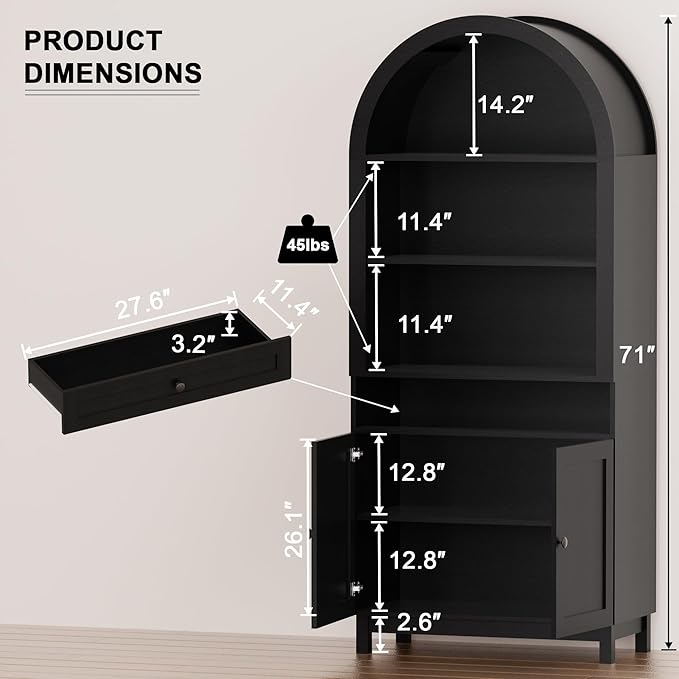 71" Arched Pantry Cabinet, Modern Farmhouse Storage with Smooth-Glide Drawer & Adjustable Shelf, Anti-Tip Wall Anchor for Kitchen Dining Room