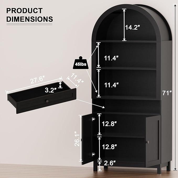 71" Arched Pantry Cabinet, Modern Farmhouse Storage with Smooth-Glide Drawer & Adjustable Shelf, Anti-Tip Wall Anchor for Kitchen Dining Room