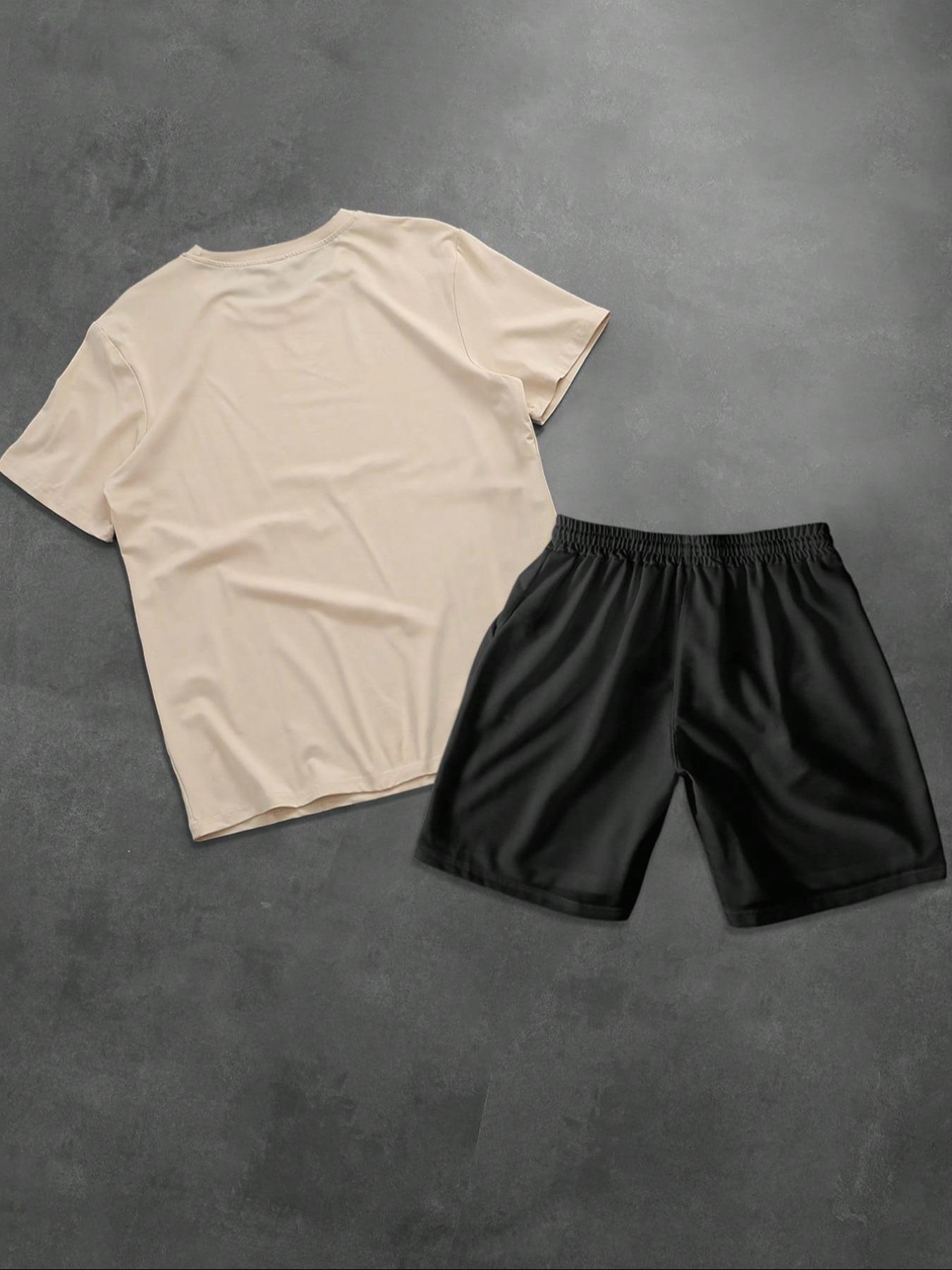 Two-Piece Set Men's Regular Fit Spade & Ace Print Short Sleeve Tee & Shorts, Casual Round Neck T-shirt & Track Shorts, Men's Summer Clothes