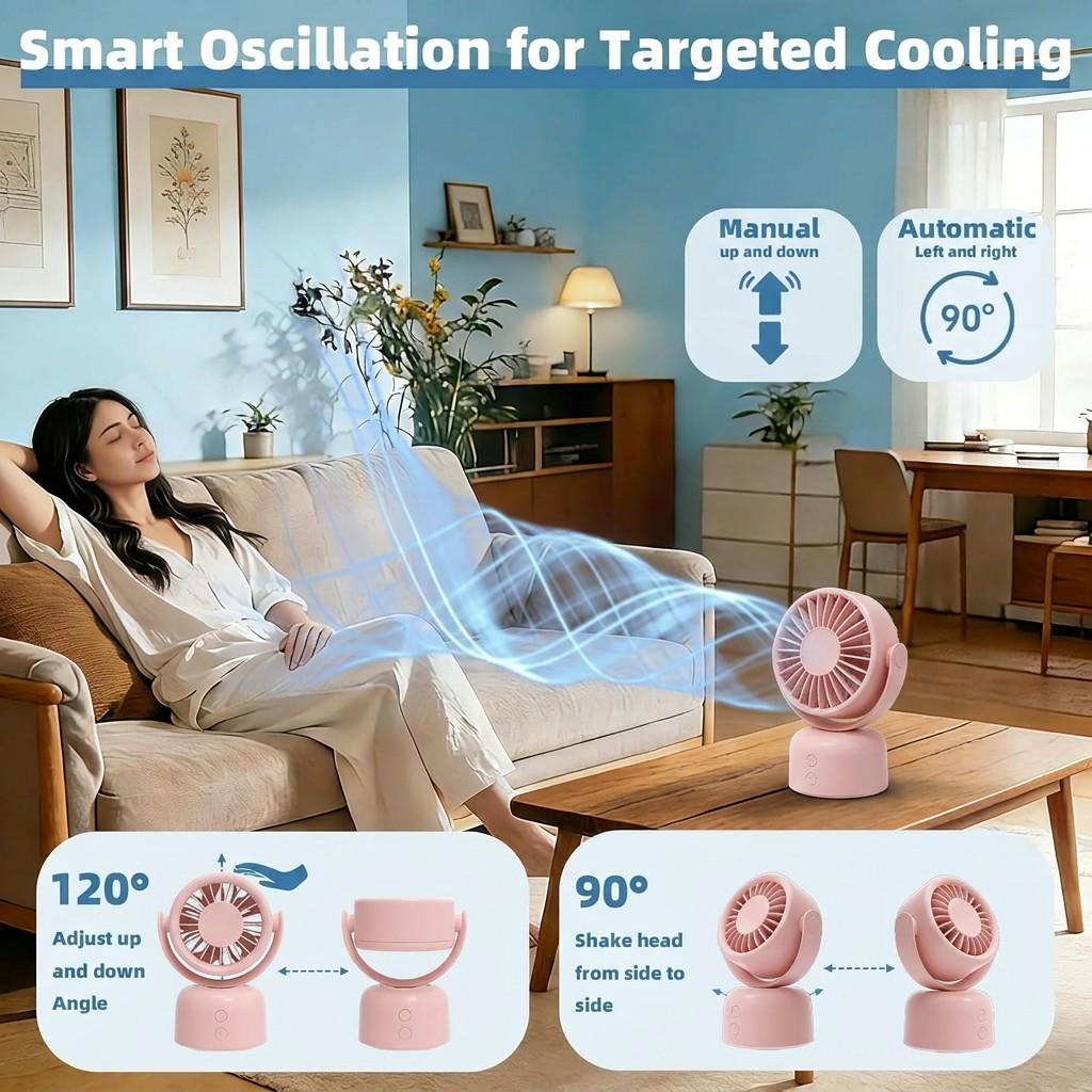 Rechargeable Desktop Oscillating Fan, 3 Speed Settings, 90° Auto Swing, 120° Manual Adjust, Quiet Portable Fan for Home Office Bedroom