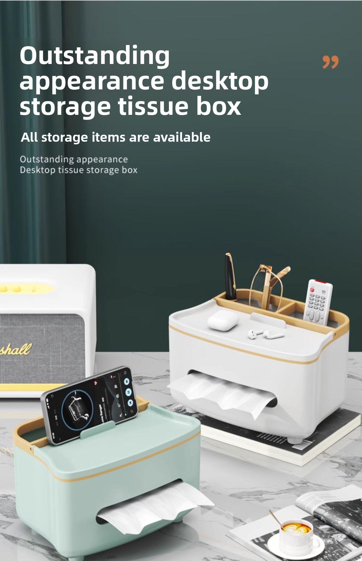 3-in-1 Remote Control Holder & Tissue Box, Tissue Dispenser with Storage Compartment, White/Mint Green - Plastic Coffee Table, Nightstand Centerpiece - Compatible with TV/Phone/DVD - Space-Saving Design, Office Organization & Storage