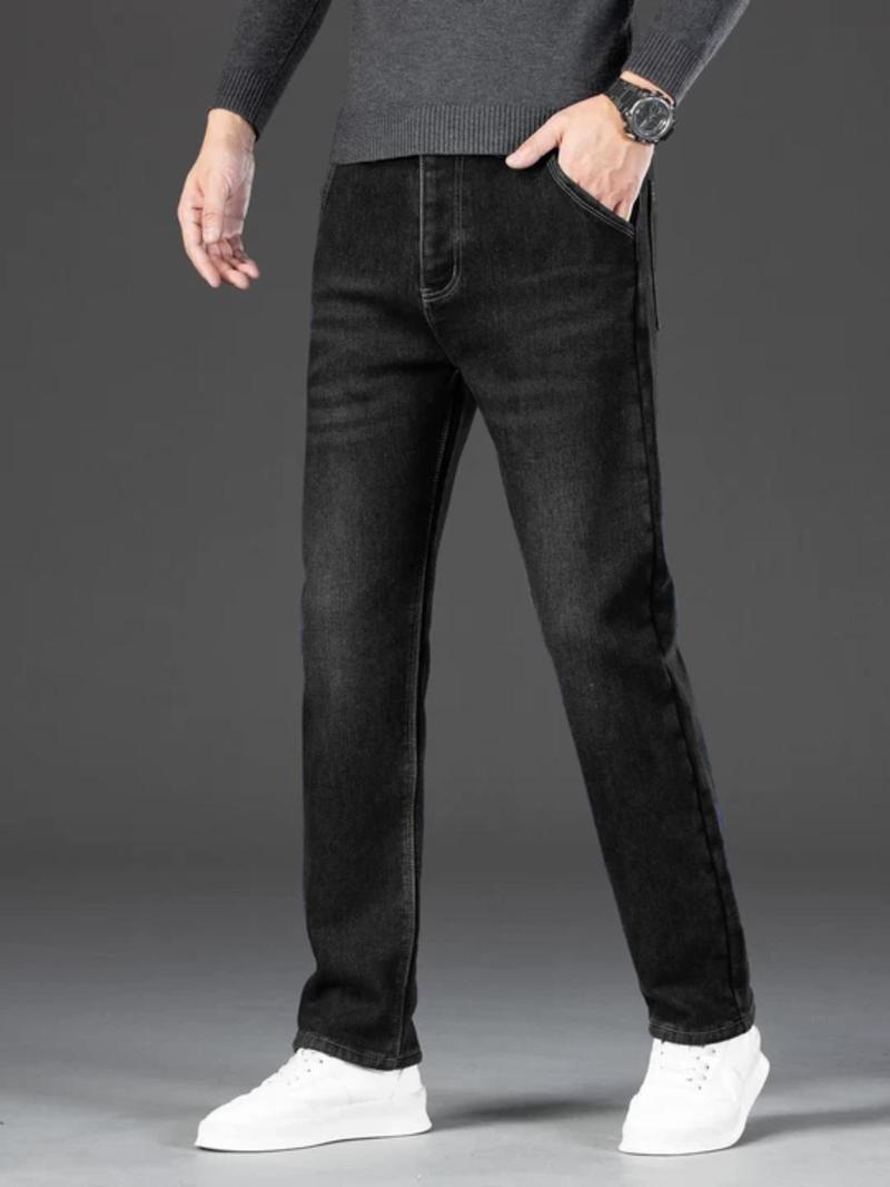 Men's Fleece Lined Denim Jeans, Loose Straight Leg Long Pants, Warm Cotton Elastic Autumn Winter Fashion, Versatile Casual Wear, Denim Clothing