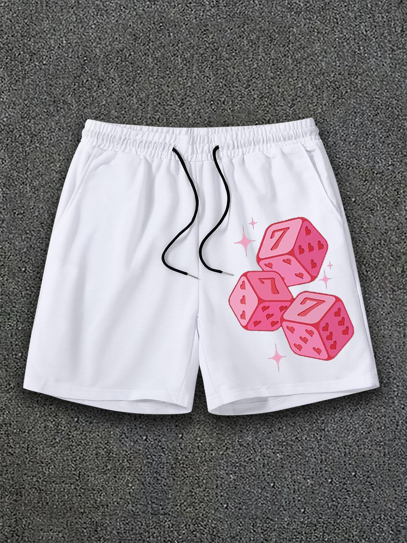 Men's Hip Hop Vintage Sweat Shorts, Pink Lucky Dice Pattern & Comfortable Loose Fit for Street Fashion and Music Festivals