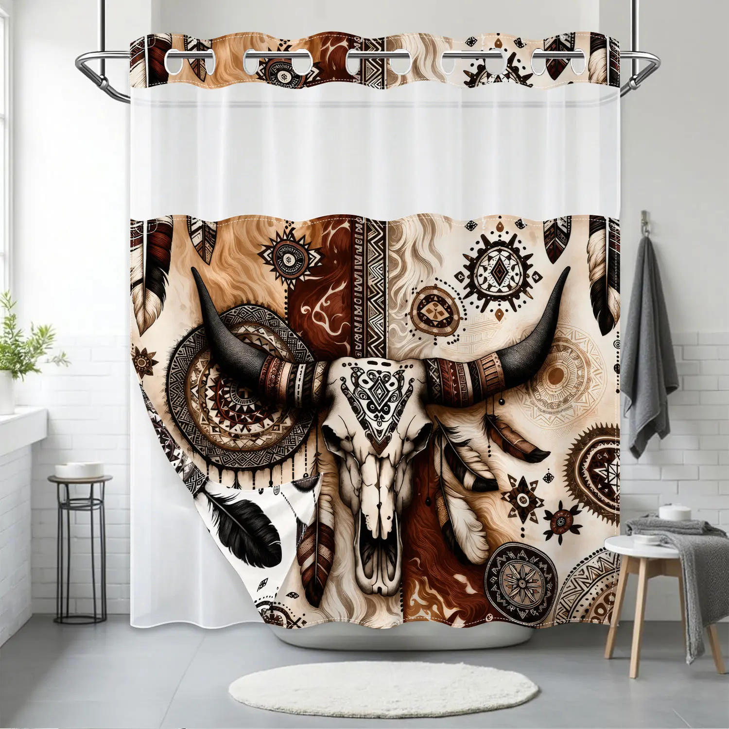 Boho Western Bull Skull Shower Curtain Hookless | Double Layer Waterproof Design | No Hooks Needed for Easy Install | Tribal Aztec Patterns | Rustic Bath Decor
