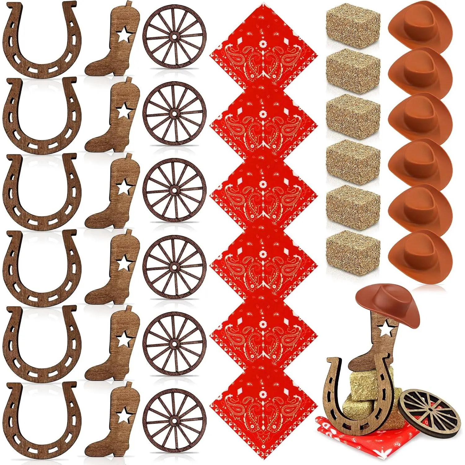 36PCS Western Centerpieces Mini Horse Hoof Boots Brown Cowboy Hat Wheel Hay Bales Suitable Western Party Decorations for Crafts Birthday Weddings and Cowboy Party Favors