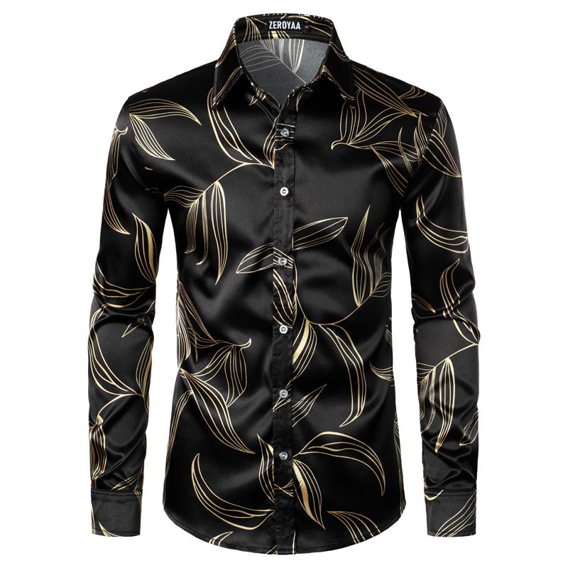 ZEROYAA Men's Hipster Fitted Silk Like Satin Dress Shirt Long Sleeve Button Down Printed Shirt for Party Prom fourth july shirt summer outfits men funny shirts