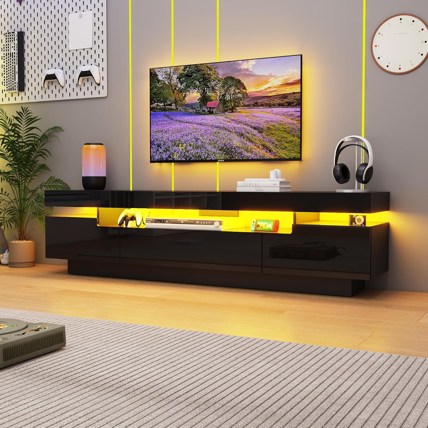 70IN White TV Stand for 75/80 inch TV,Modern LED TV Stand for Living Room,High Gloss Entertainment Center with Storage Drawer,APP RGB Light,TV Console,Television Stands (Marbling/Black)