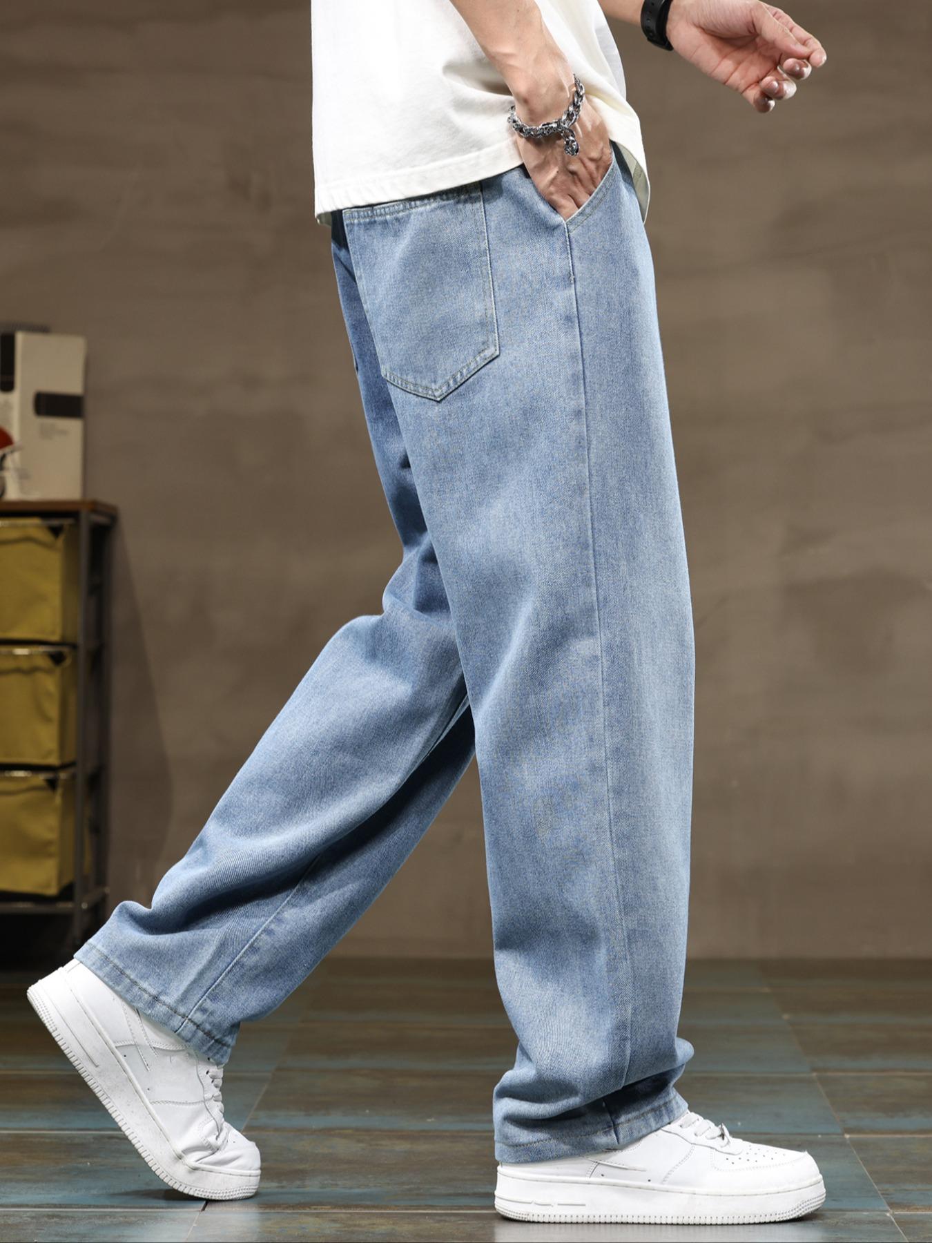 Men's elastic waist straight-leg plus-size jeans, Denim, comfortable and loose street-style bottoms, perfect for daily casual wear, urban street looks, and weekend fashion styles