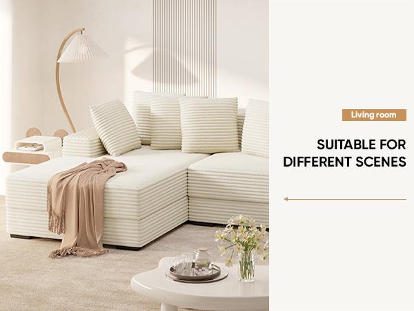 【3 Packages shipping】111‘’ Sectional Cloud Couches with L Shaped Chaise, Extra Large Sleeper Couch Reversible Corduroy with 8pcs Pillows for Living Room, Bedroom-Beige