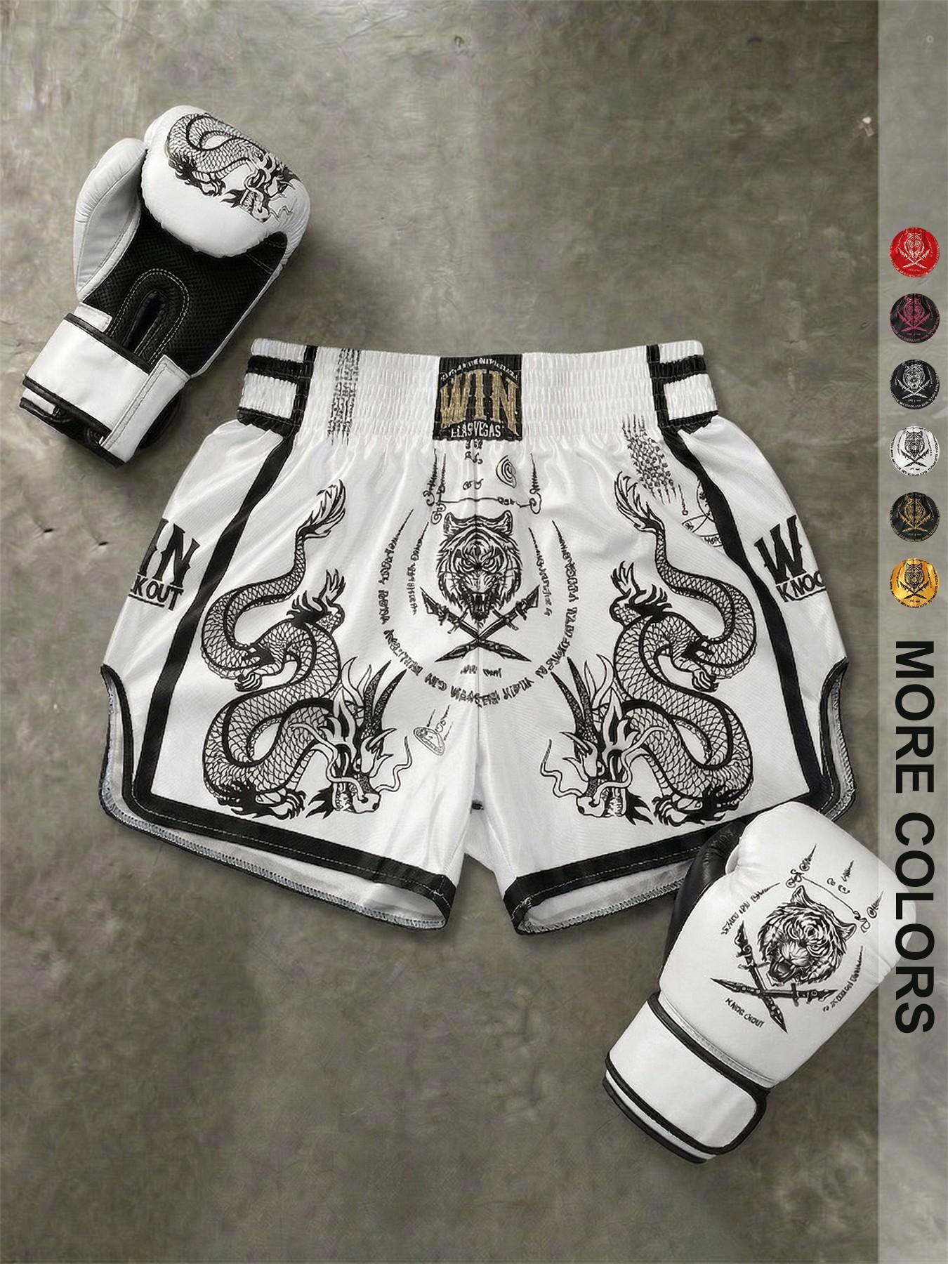 Men's Short Pants Set, Elastic Waist, High Stretch, High-Waisted, Super Short, Glossy Fabric, Dragon Tiger Print, Muay Thai Shorts