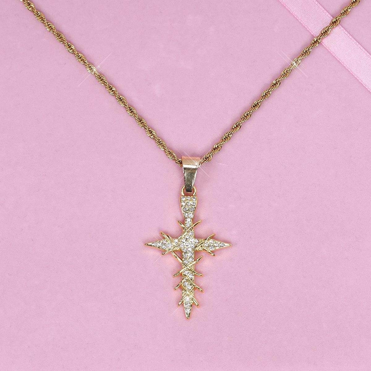 Popular hip-hop style dynamic and sparkling cross pendant necklace with twisted chain, simple alloy design