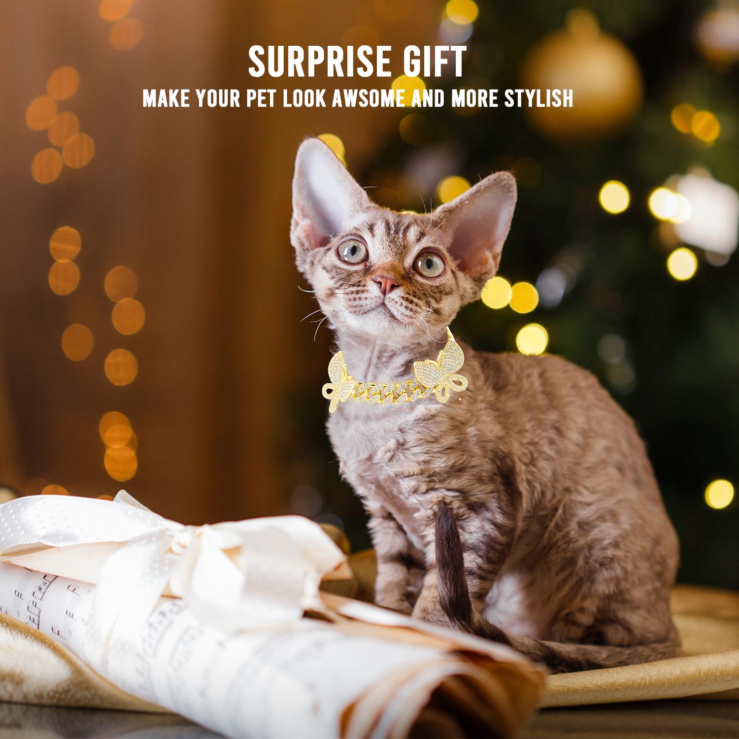 Gold Dog Collar with Bling CZ Diamond Butterfly 13mm Cuban Link Dog Cat Collar Design Dog Chain Collars Necklace for Small Medium Large Dogs